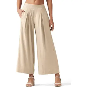 Women's Linen Wide Leg Casual Beach Summer Palazzo Lounge Pants with Pockets
