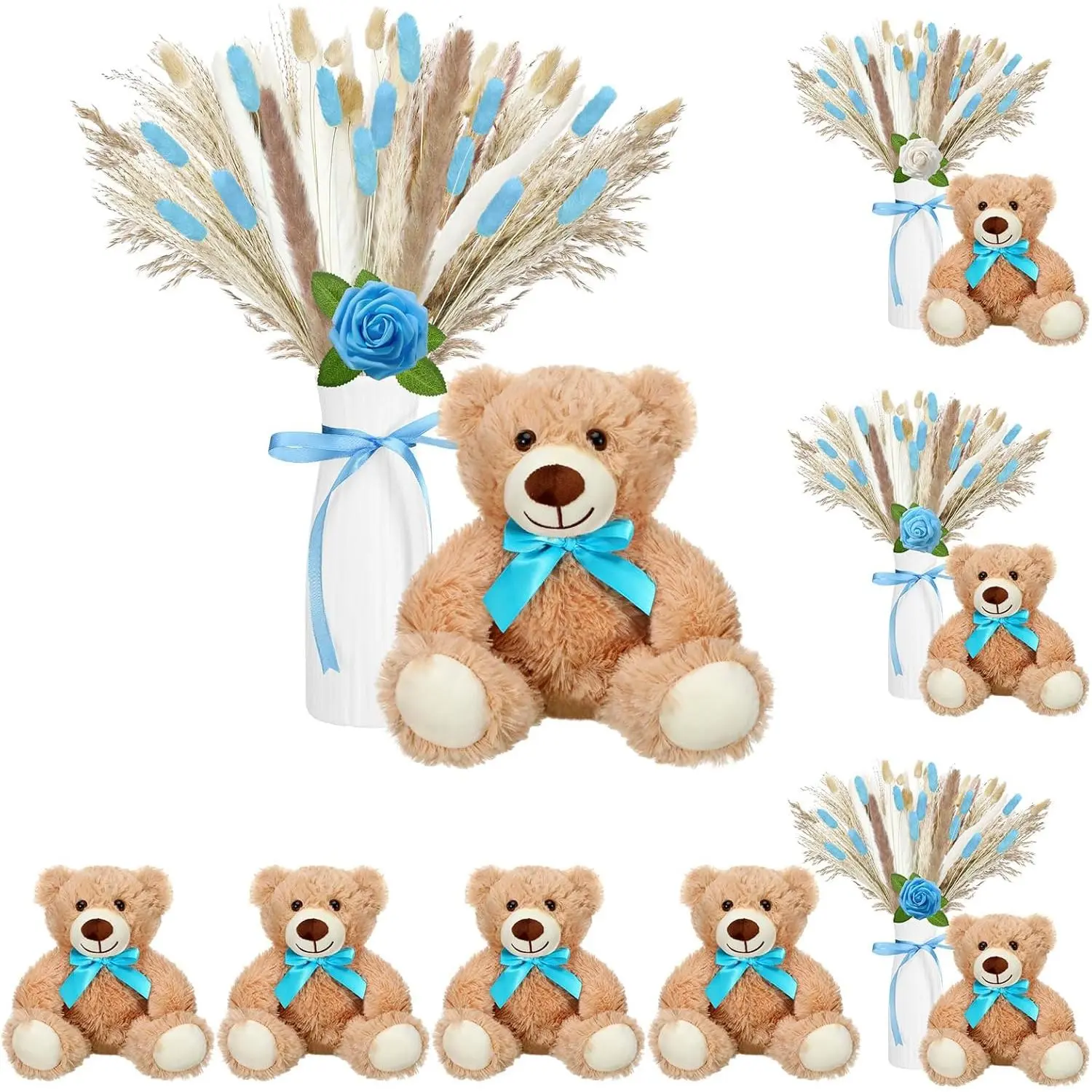 4 Sets 125 Pcs Bear Baby Shower Table Centerpiece with Bear Stuffed Animals Blue Dried Pampas Grass Artificial Flower Plastic Vase for Boho Wedding Bridal Reveal Birthday Baby Shower Decor