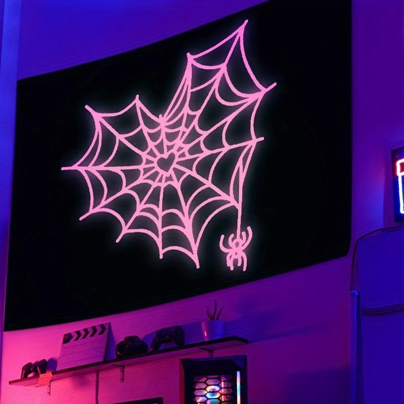 Spider Web & Heart Pattern Glow in the Dark Tapestry, USB Plug-in LED String Light Included, Wall Hanging Decor for Home Living Room Bedroom, Vanity Decor Accessories