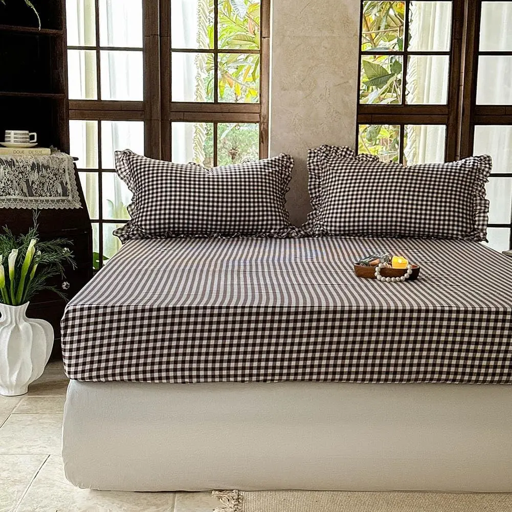 Mocha Gingham Fitted Sheet Queen, Pre-Washed Plaid Bottom Sheet with 16" Deep Pocket, 1 Piece Grid Checked Mattress Cover
