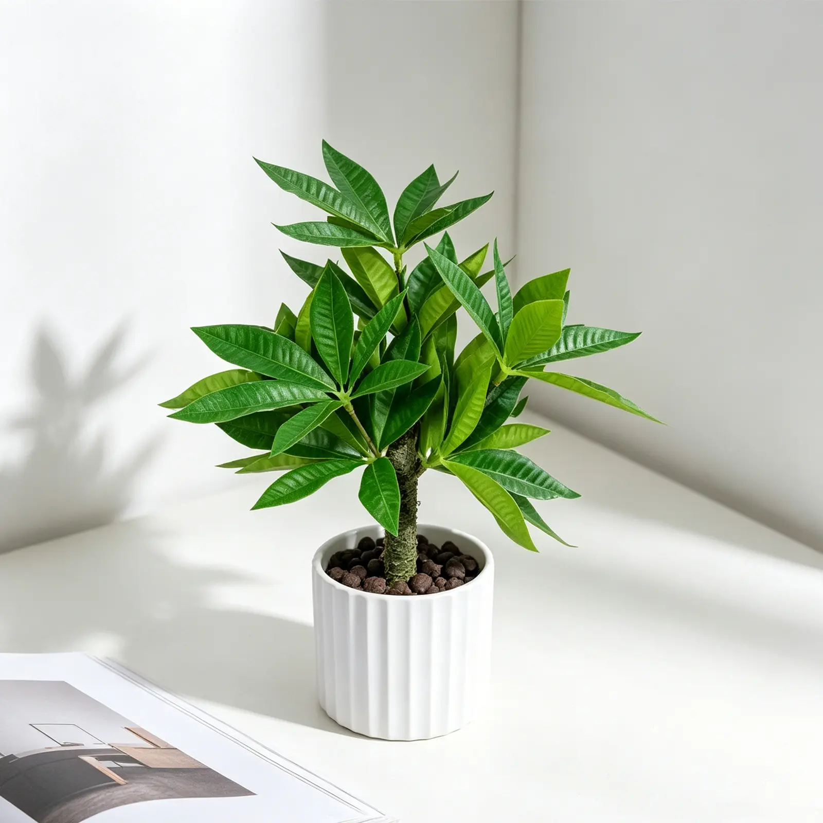 1pc realistic money tree indoor plant, with a vertical-striped white flower pot. Suitable for placement on desks, dining table surfaces, office partitions, and entrance hallways. A decorative potted plant that maintains fresh greenery for a long time.