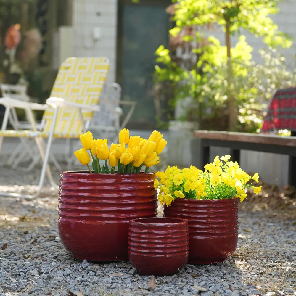 Littleox Handmade Glazed Ceramic Planter Set (3-Piece), 15/11/8 in Diameter, Horizontal Groove Pattern, Breathable Clay, Deep Red, for Succulents & Flowering Plants (Indoor/Outdoor Use)