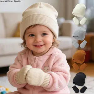 Winter Baby Beanie Hat Mittens Set Fashion Ribbed Knit Infant Caps Thermal Thick Warm Toddler Gloves Soft Unisex Headwear Outdoor Cold Weather Wear Birthday Gifts