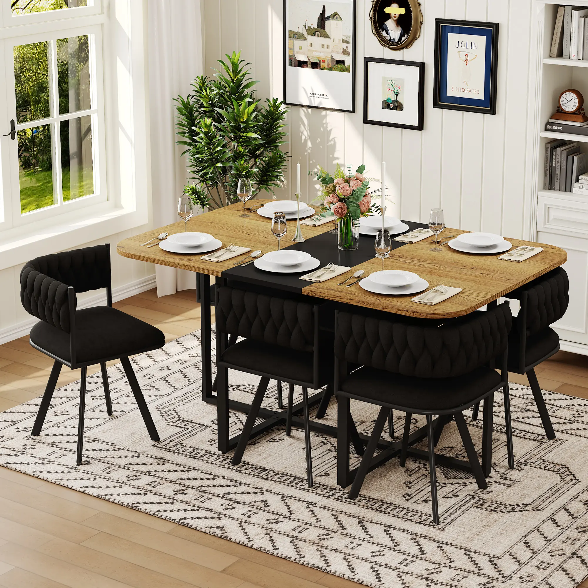 ARCH 7-Piece Dining Table Set for 6, 1 Table & 6 Black Velvet Upholstered Chairs, Black & Wood Grain Melamine Table, Modern Tufted Kitchen Nook Set for Dining Room, Apartment, Small Space, Family Gathering, Black/Wood Color Options,sohochic