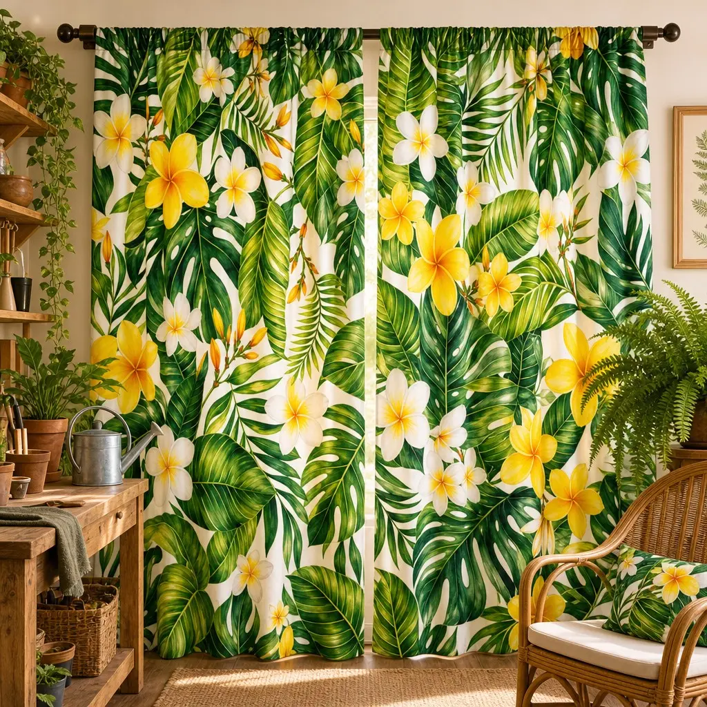 2 sets of broad-leaved bamboo with a bright yellow and white eggplant flower patterned curtain. High-definition digital printing. Washable by hand or machine. Suitable for living room, bedroom and party home decoration.