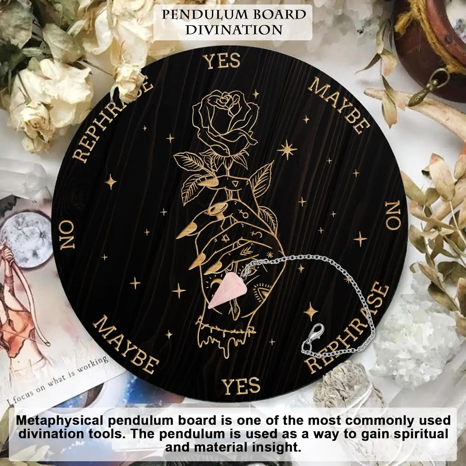 Pendulum Board Set, Wooden Dowsing Divination Board Metaphysical Spiritual Message Board with Crystal Pendulum Necklace for Witchcraft Wiccan Altar Supplies Kit, Witch& Rose, Insight