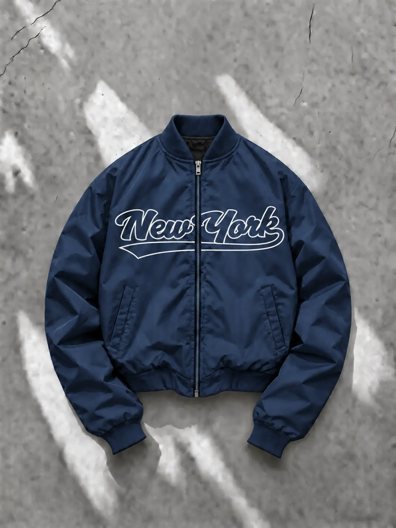 Men's Vintage Baseball Jacket, Classic Stand Collar, New York Lettering, Brooklyn Football Print, Ribbed Hem, Zipper Closure, Side Pockets