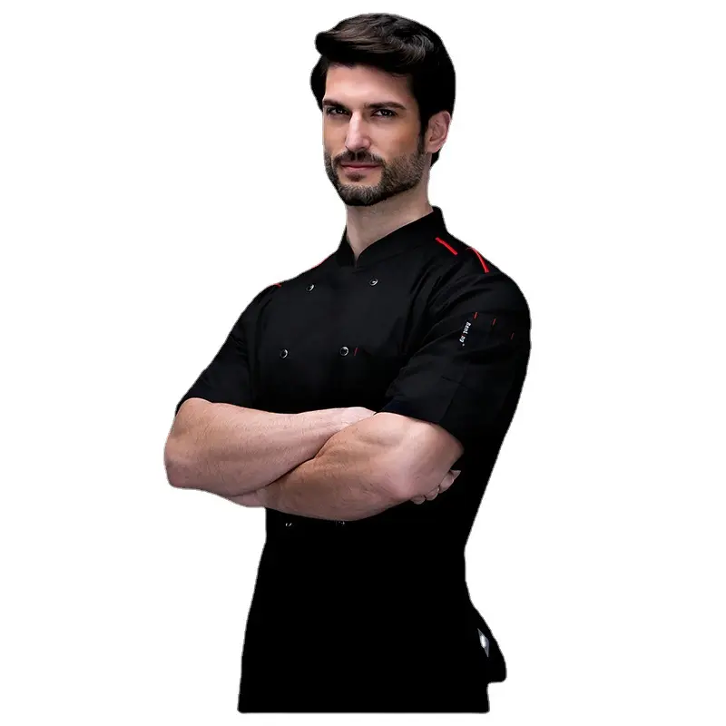 Men's Slim Fit Plain Black Chef Shirt - 1pc Stand-Collar Double-Breasted Short-Sleeve Workwear Uniform, Breathable Lightweight Comfortable Fabric Menswear, Casual, Uniforms, Button