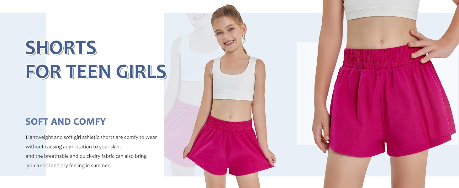 Girls Athletic Shorts High Waist Elastic 2 in 1 Running Shorts with Side Pockets 5-14 Years