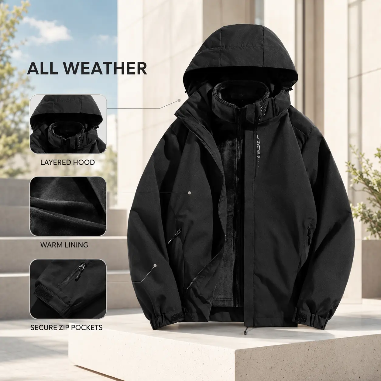 Men's 3-in-1 Detachable Fleece Lined Hooded Jacket Windproof Outdoor Hiking Zip Up Coat