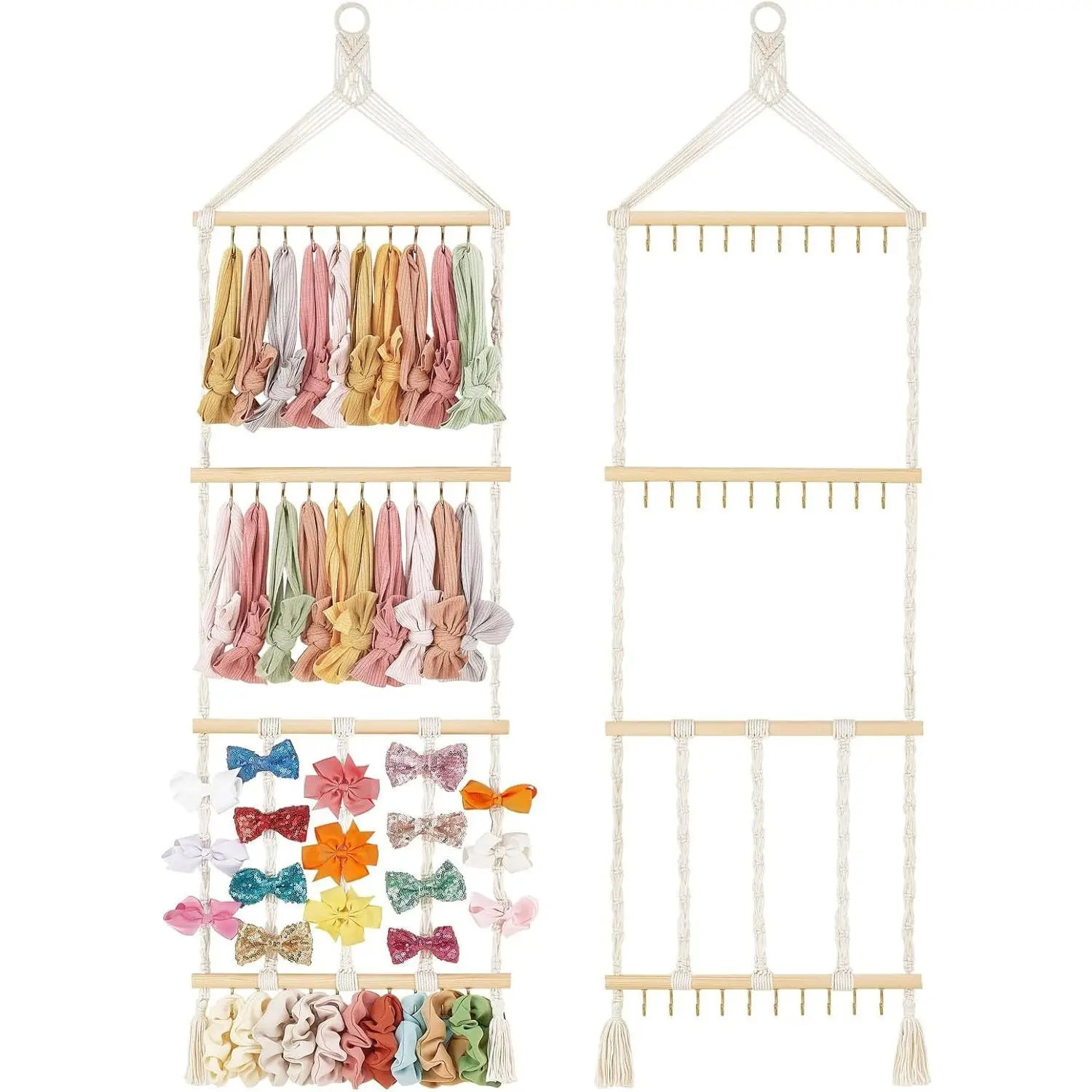 Boho Macrame Headband Holder with 30 Hooks - Hair Bow Organizer for Girls, Nursery Wall Hanging Decor for Baby Room, Bedroom & Bathroom Hair Accessories Storage(Gift)