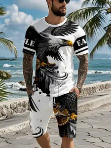 Two-piece set with realistic 3D digital print of soaring eagle wings in white, black and gold tones, 2Pcs, trendy fashion suit, trendy retro casual two-piece outfit, trendy vacation-style wear, breathable sports casual style, an ideal holiday gift for men