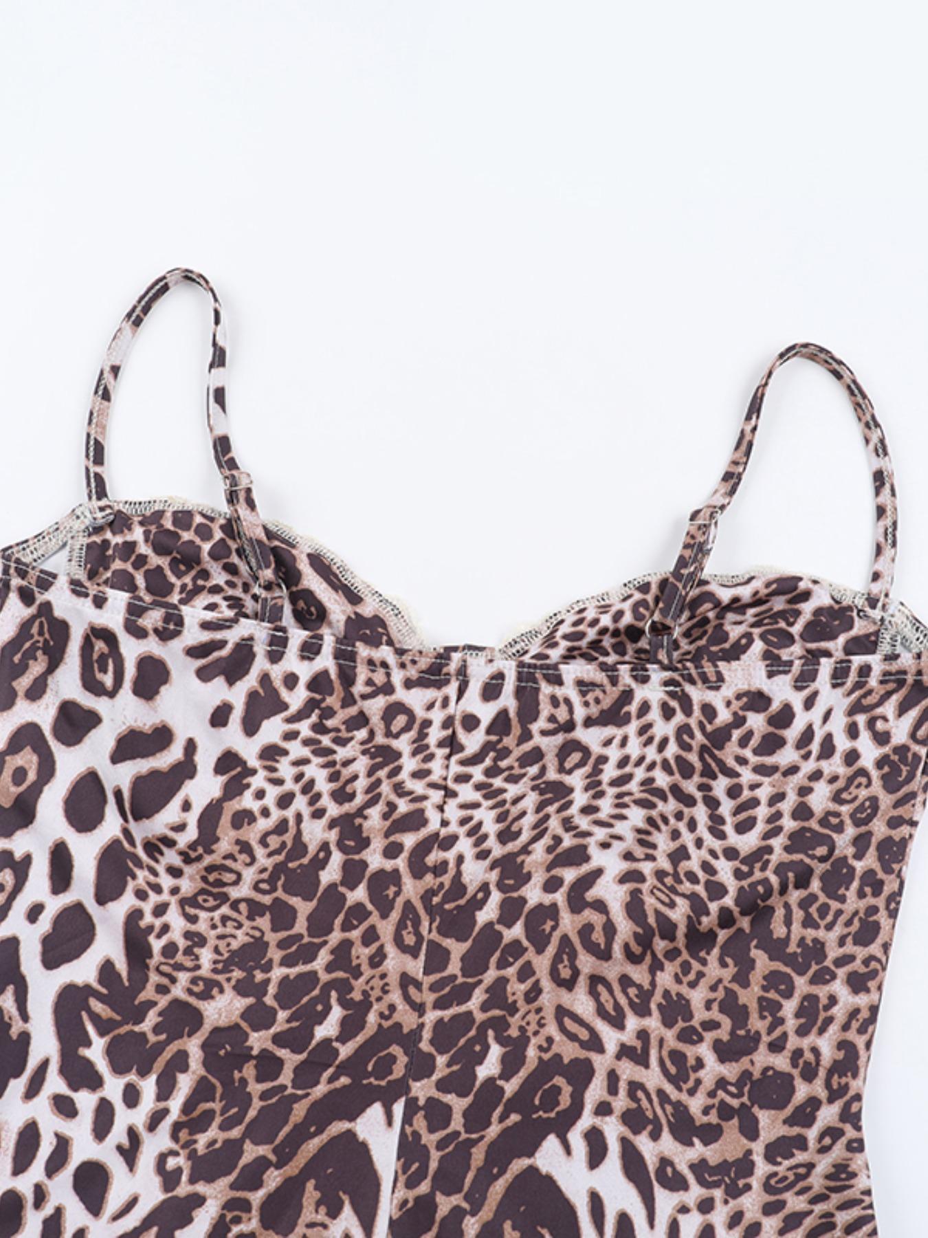 Women's Leopard Print Lace Trim Sexy Bodycon Side Slit Dress, Elegant Sleeveless Bodycon Cocktail Dress for Party Club Dating Wear, Ladies Summer Clothes, Elegant Fashion Chic