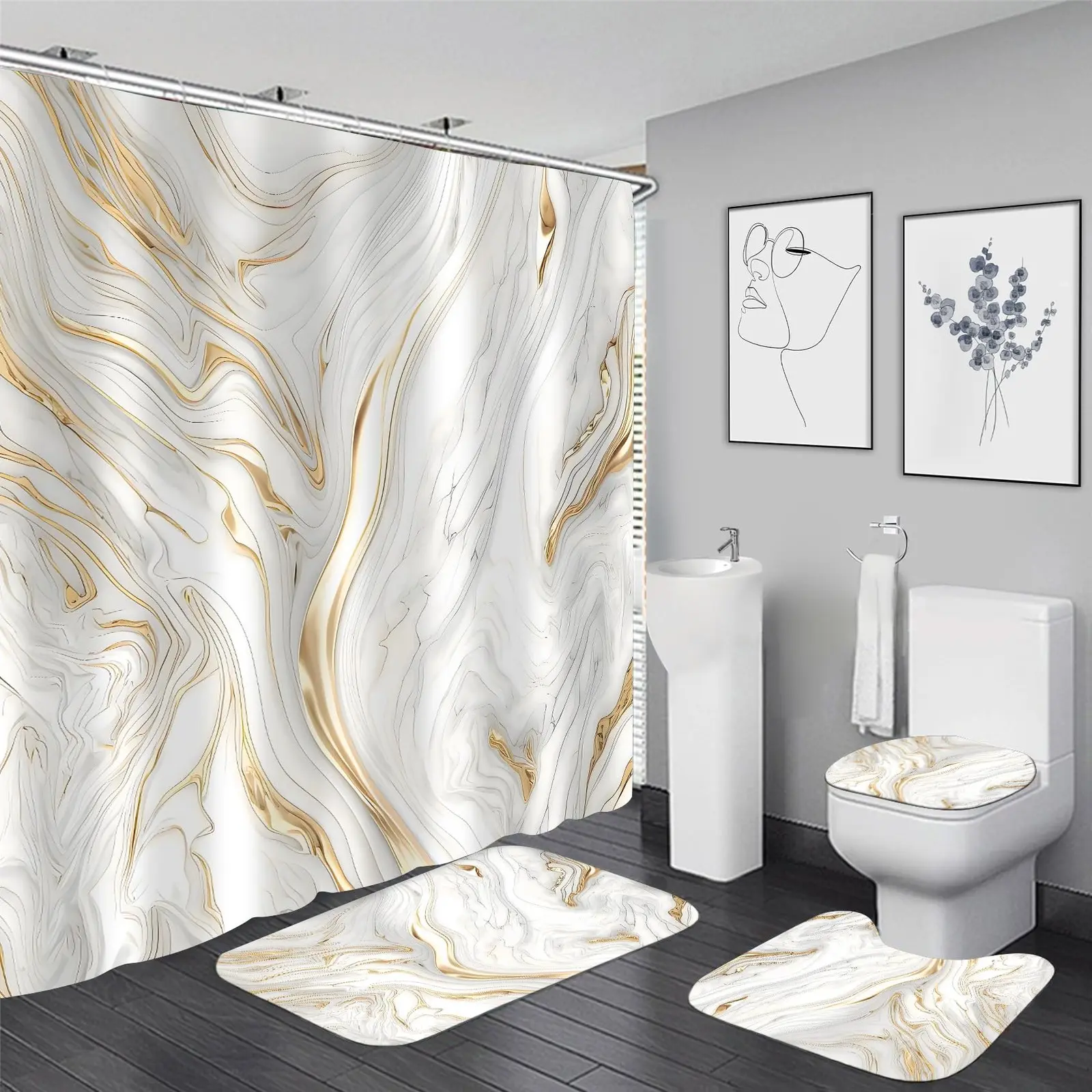 4 Pcs White Marble Shower Curtain Set Gold Bathroom Sets with Shower Curtain ,including a shower curtain, toilet seat cover, bath mat, and U-shaped toilet seat cover
