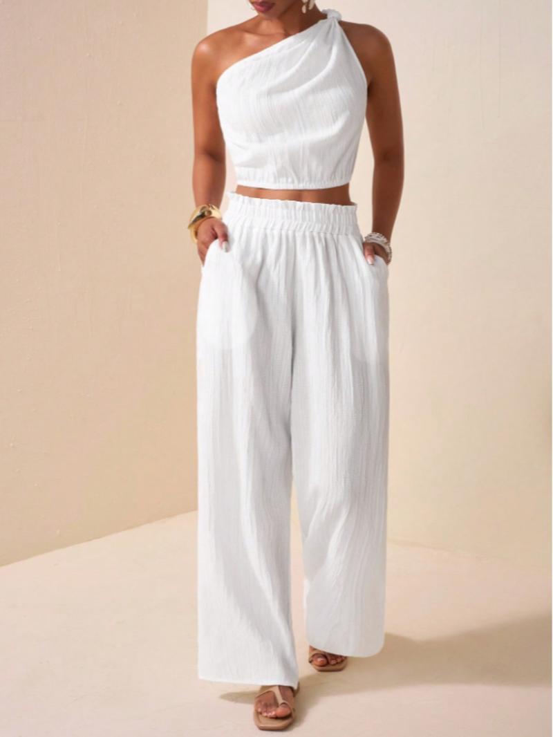 Two-Piece Set Women's Solid Color Top & Pants, Casual Sleeveless Top & Pants for Daily Wear, Ladies Summer Clothes