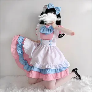 Pink Blue Outfit Lolita Dress Cat Ear Headwear Bow Apron Cat Paw Gloves Cosplay Costume Halloween Party Sweet Maid Dress Uniform