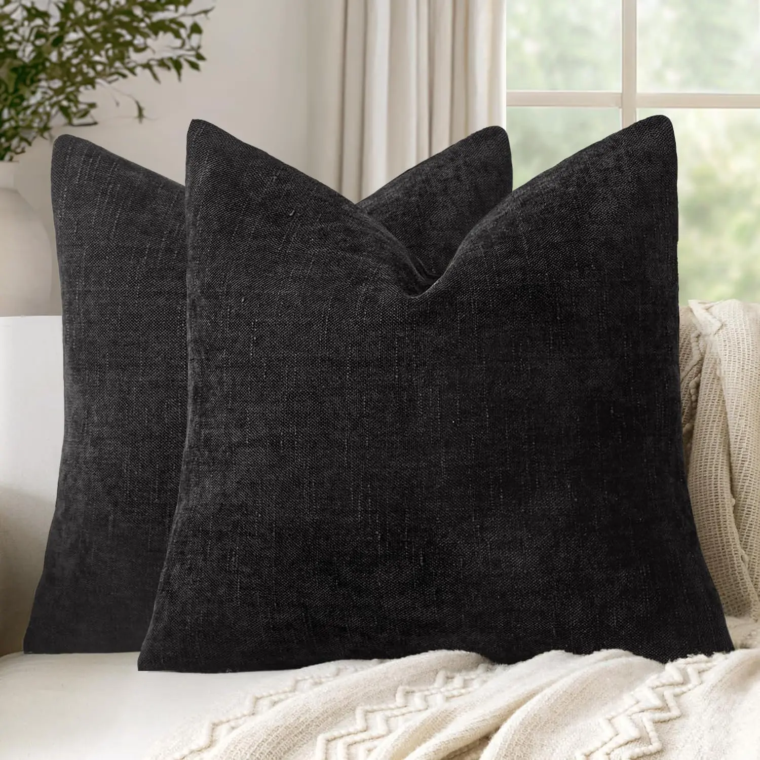 Set of 2 Textured Throw Pillow Covers Decorative Soft Square Pillowcases Neutral Farmhouse Home Decor for Couch Sofa Bedroom Living Room 20x20 Inch,Black