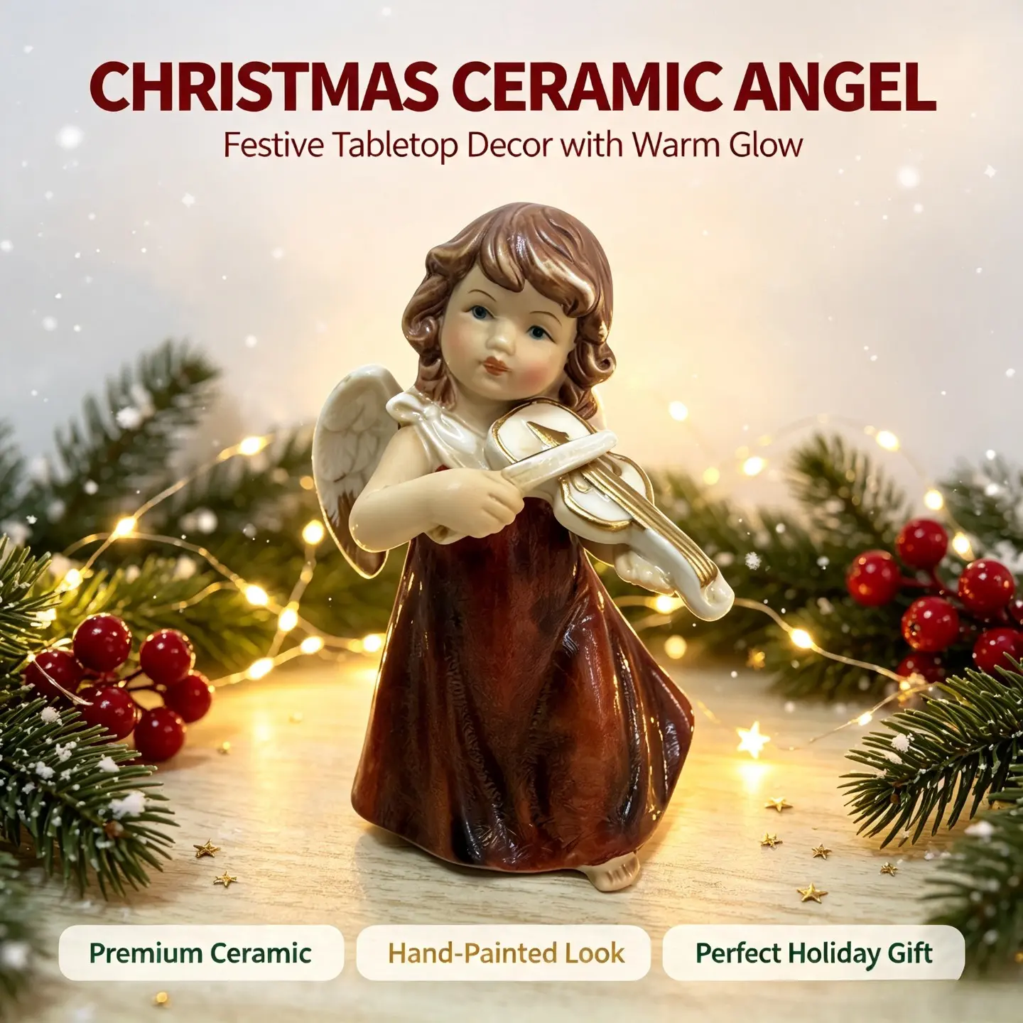 Beautiful Hand‑Painted Ceramic Cherub Angel Figurine Playing Violin, Vintage Porcelain Christmas Tabletop Statue Ornament, Warm Glow Festive Mantel Shelf Home Decor, Cozy Winter Holiday Desktop Centerpiece, Ideal Xmas Gift, Thanksgiving New Year Housewarm