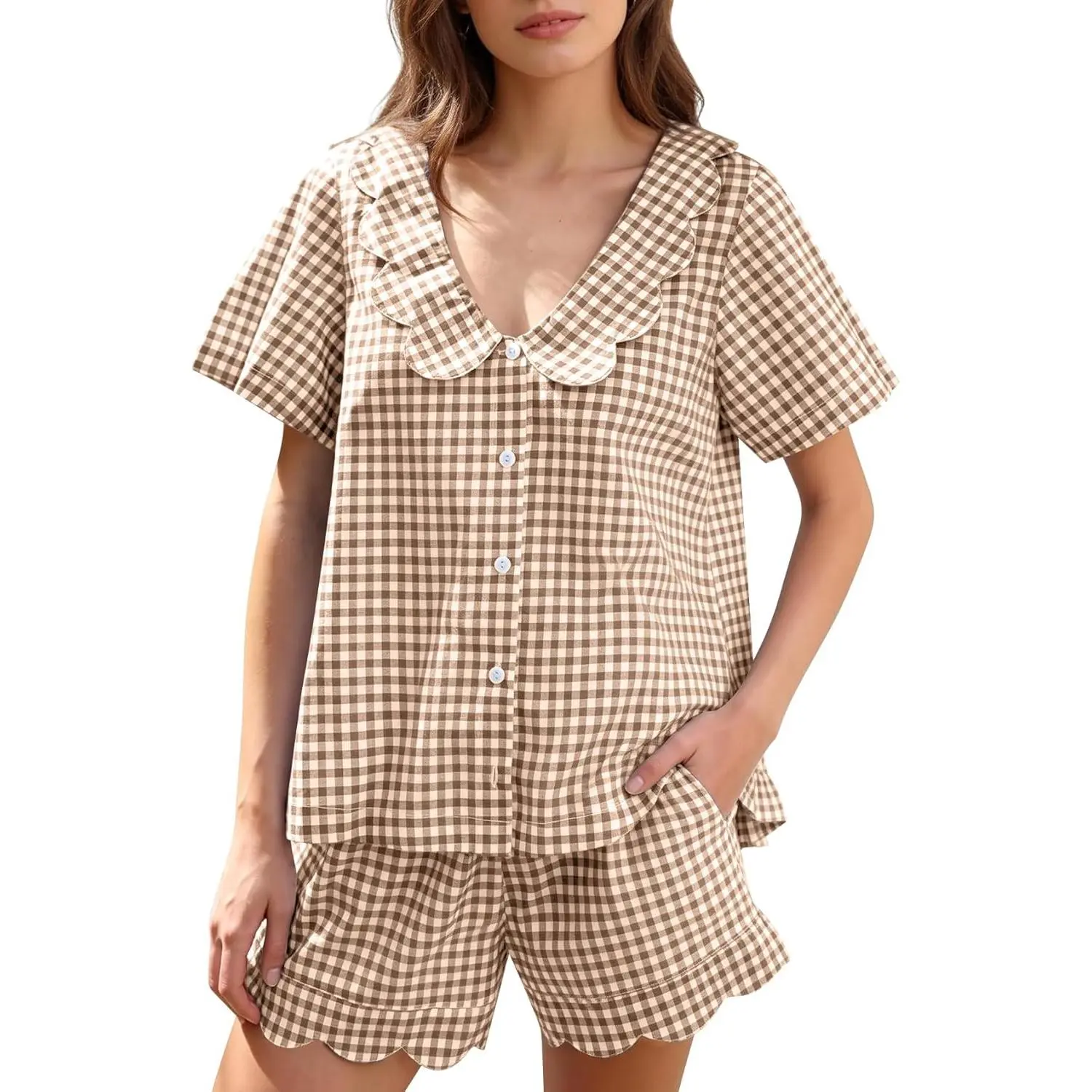 Womens Gingham Pajama Sets Cotton Scalloped Babydoll Top and Short Lounge Set 2026 Plaid 2 Piece Summer Outfits
