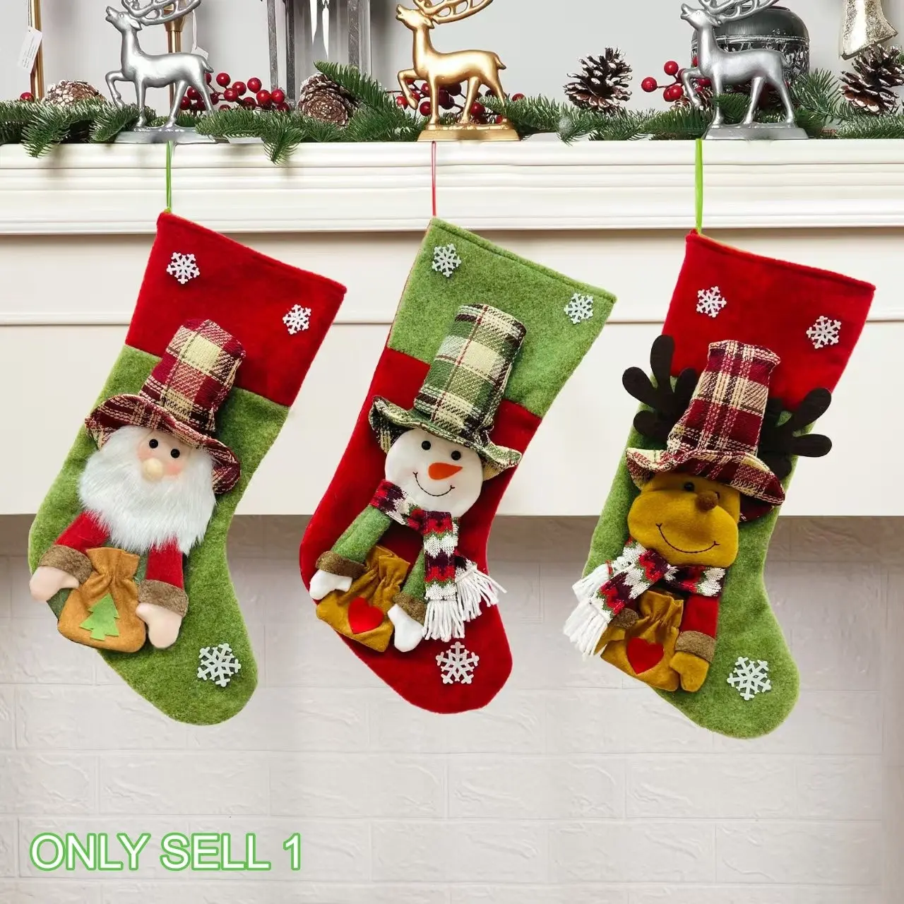 20-inch 1 classic large Christmas stocking, Santa Claus, snowman, reindeer Christmas characters, large gift bag candy bag, fireplace hanger, Christmas tree ornament, family holiday Christmas party decoration