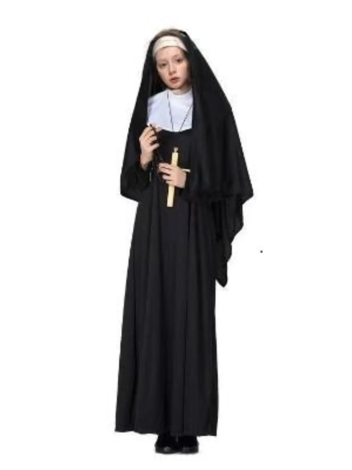 Traditional Nun Costume for Women Long Black Robe with Headpiece Collar Adult Religious Cosplay Halloween Carnival Stage Performance Outfit