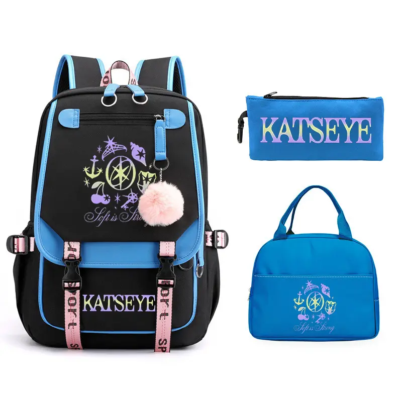 Korean Style Graphic Print Backpack Set, 3 Piece Student School Bag, Lightweight Large Storage Casual Travel Backpack