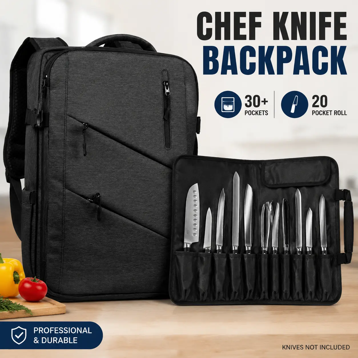 Chef Knife Backpack with 20-Pocket Knife Roll Bag, Black, Over 30-Pocket Storage Organizer for Professional Chefs and Culinary Students, Knives Not Included