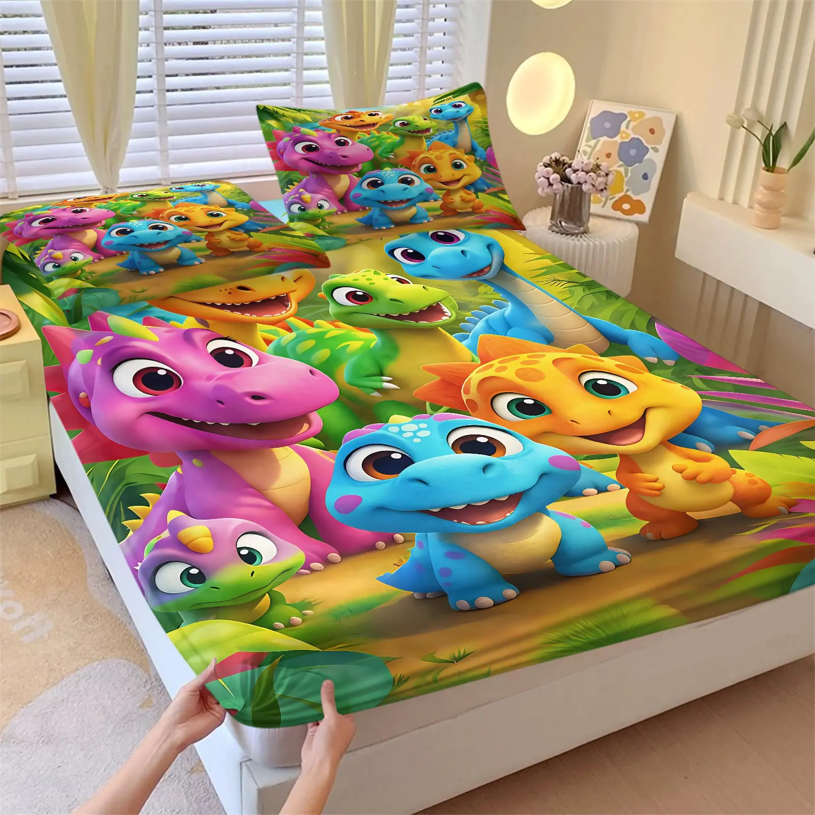 Cute Q-Style Cartoon Dinosaur Print Fitted Sheet Set, Vibrant Jurassic Design, Includes 2 Pillowcases, Durable Non-Slip Mattress Protector, Kids Room Decor