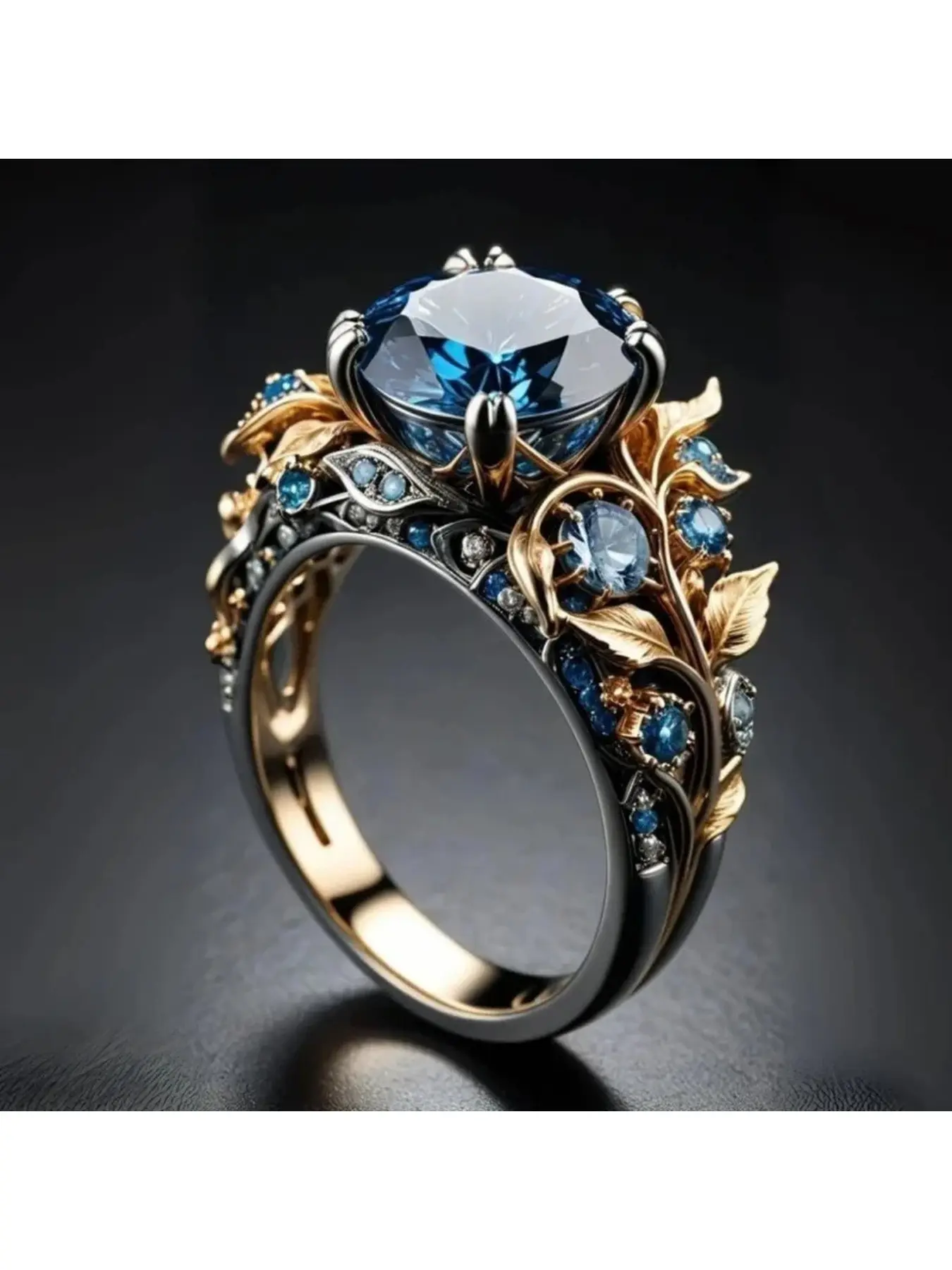 Vintage Two-tone Gold Leaf & Sapphire Ring, 3D Carved Vine Wide Band, Dark Luxury Women's Jewelry, Atmosphere-enhancing Accessory for Dinner Parties and Photoshoots