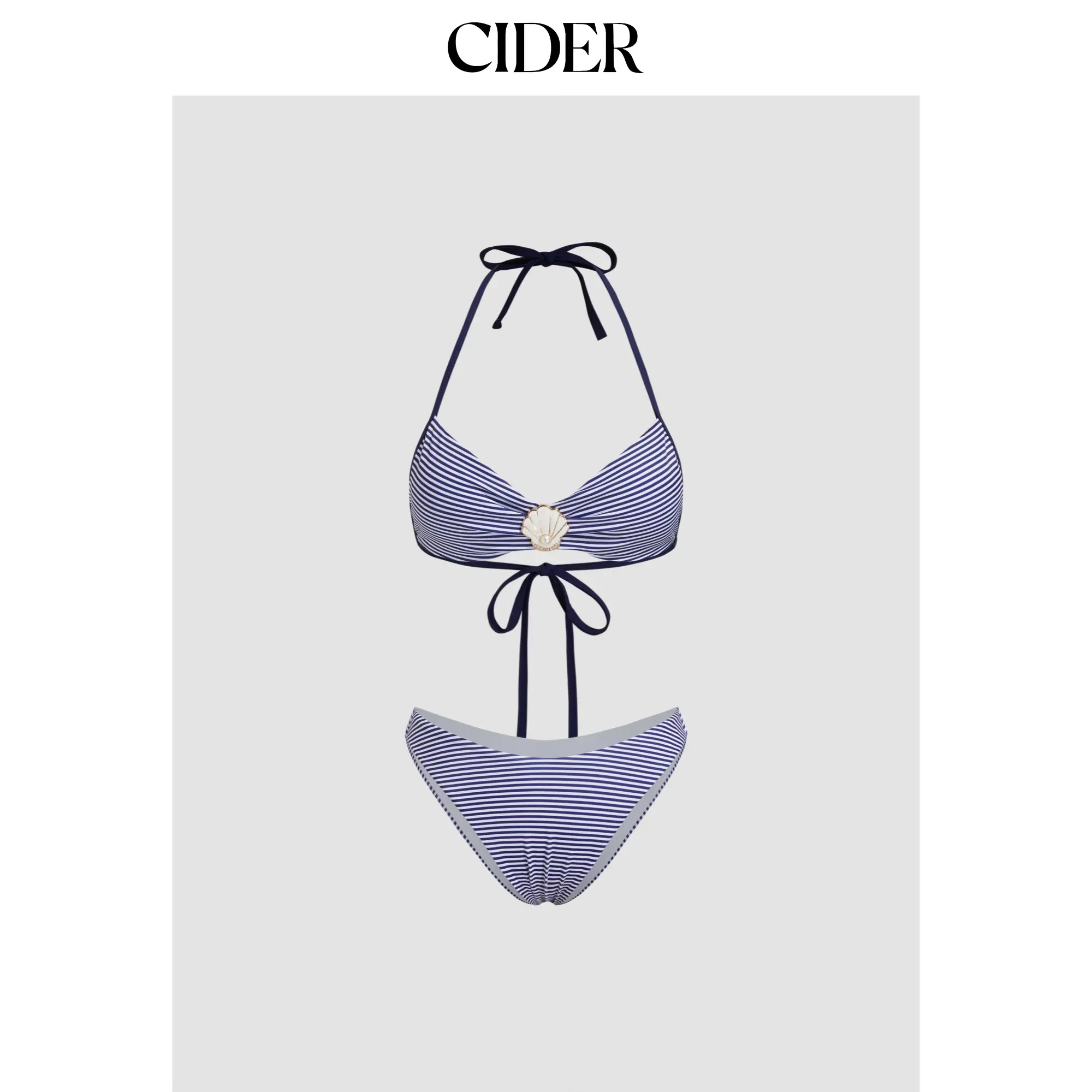 Cider U-neckline Stripe Shell Detail Ruched Bracelet Cheeky Bikini Set
