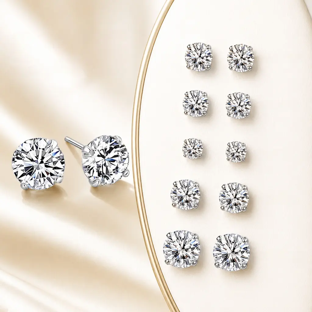 Women's 5 Pairs S925 Copper Base Silver Plated Round 4-Prong Ear Stud Earrings, 3-7mm Hypoallergenic Piercing Jewelry Set, Minimalist Sparkle CZ Stackable Earrings for Daily Wear & Gifting, Copper Base Silver Plated Earrings
