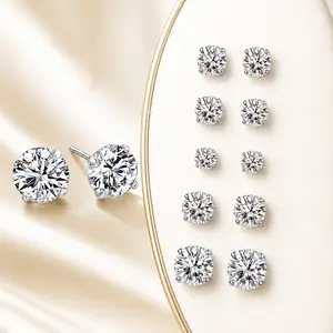5 Pairs S925 Silver Plated Cubic Zirconia Stud Earrings 3–7mm, Hypoallergenic Stackable Ear Piercing Jewelry Set, Minimalist Sparkle CZ Earring Pack for Women Daily Wear & Gift