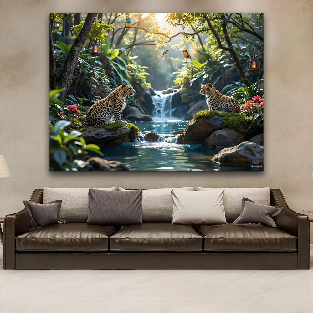 Rainforest Landscape Tapestry - Vibrant Jungle Scene with Leopards, Waterfalls & Lush Greenery - 100% Polyester Wall Hanging for Living Room, Bedroom, Office Decor