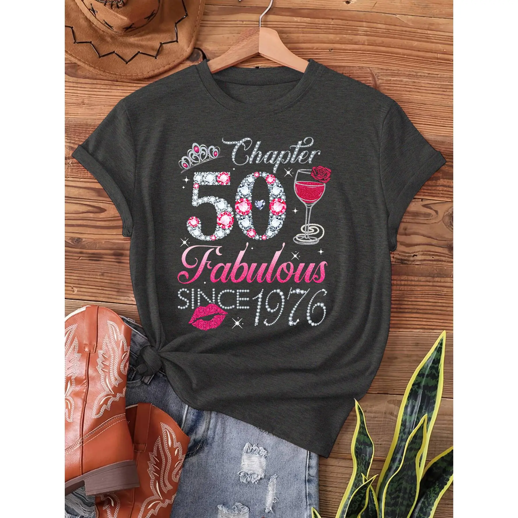 Chapter 50 Fabulous Since 1976 50th Birthday Gift Print T-Shirt| Short Sleeve Crew Neck Casual Top for Summer & Spring, Women'S Clothing,back to school,back to school shopping