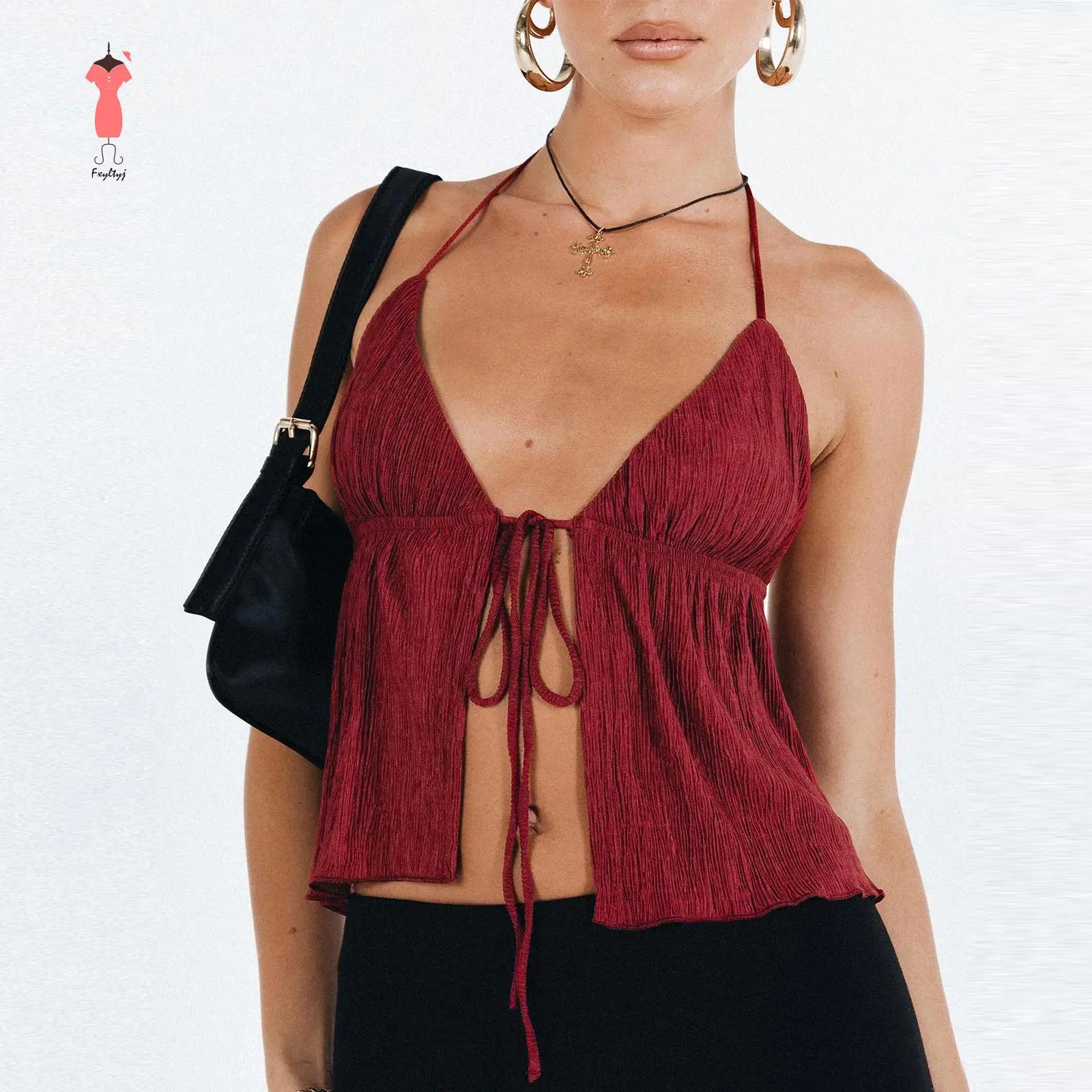 Women Halterneck Crop Tops Summer Solid Color Bandage Open Front Backless Sleeveless Tops Streetwear