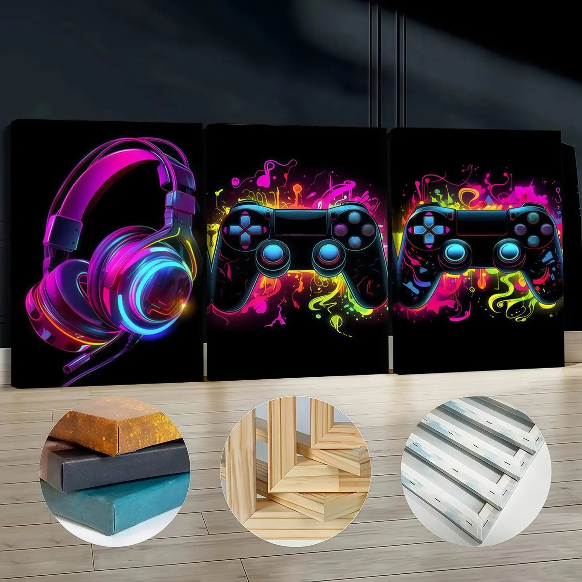3-Pack Wood Frame Canvas Posters, Neon Glow Game Controller Art, Modern Living Room Decor, Waterproof, Office & Bedroom Wall Art