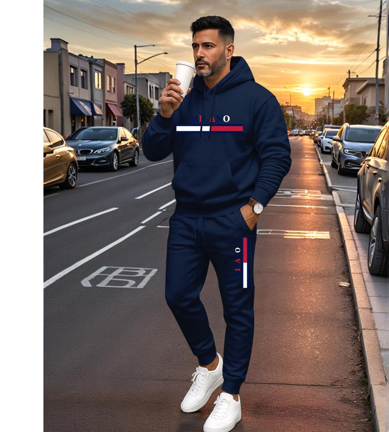 Men's MILANO Letter Pattern Print Hoodie and Drawstring Sweatpants Set, Menswear, Casual Athletic Long Sleeve Hooded Jacket & Trousers for Fall & Winter, Men's Clothing for Daily Wear, Sportswear Indoor Outdoor, Tracksuit, Athleisure