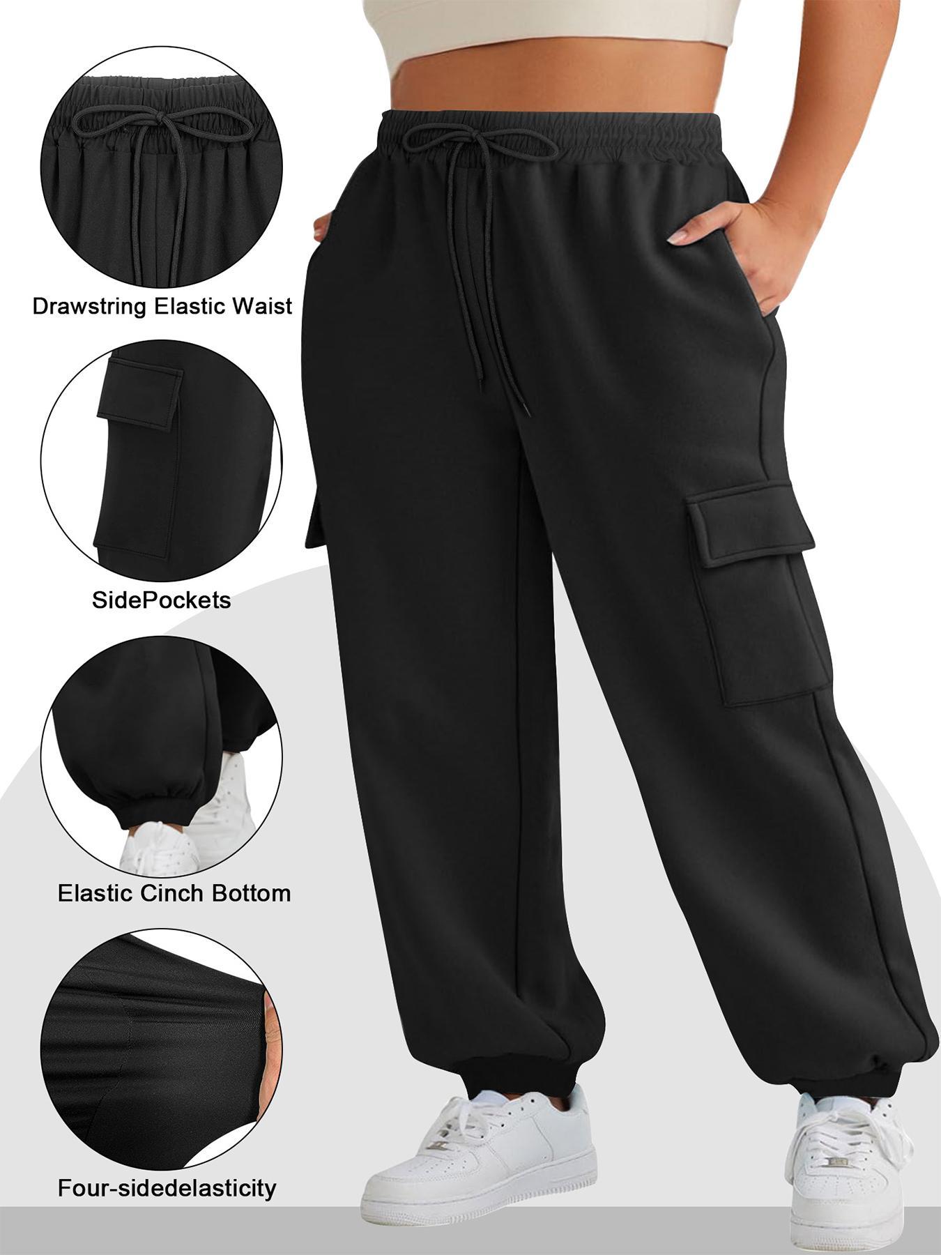 【Plus Size】 Solid Cargo Pants, Casual Comfortable High Stretch Cargo Pants for Daily Wear, Women's Bottoms for All Seasons, Casual Comfy Trousers, Casual Loose Pocket