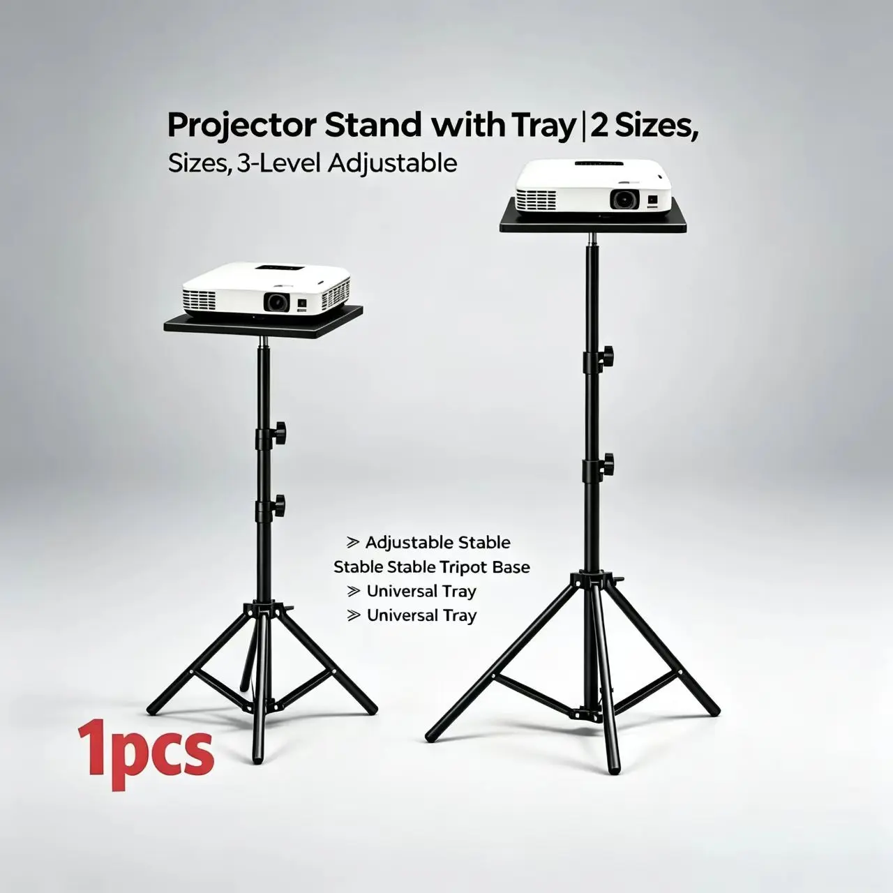 Projector bracket with tray, three-step height adjustable folding desktop landing dual-purpose bracket, tripod base, 1/4-inch screw hole suitable for most projectors, cameras and ring fill light, Projector Tripod Stand