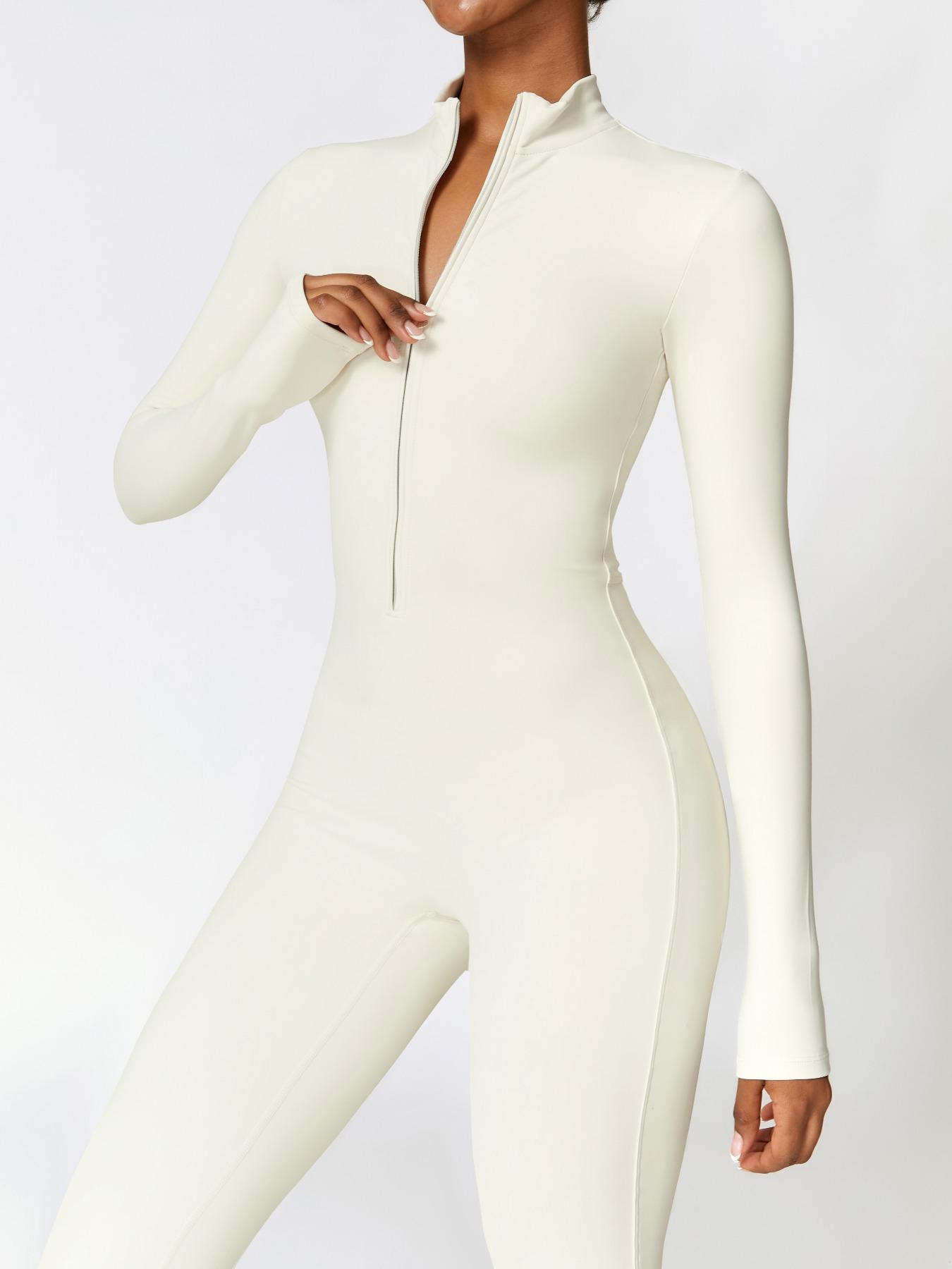 Women's Solid Zip-up Skiing Jumpsuit, Sporty Long Sleeve Onesie for Skiing Cycling, Fall & Winter Ladies Sportswear, Stretchable Activewear, Sporty Comfy Jumpsuit