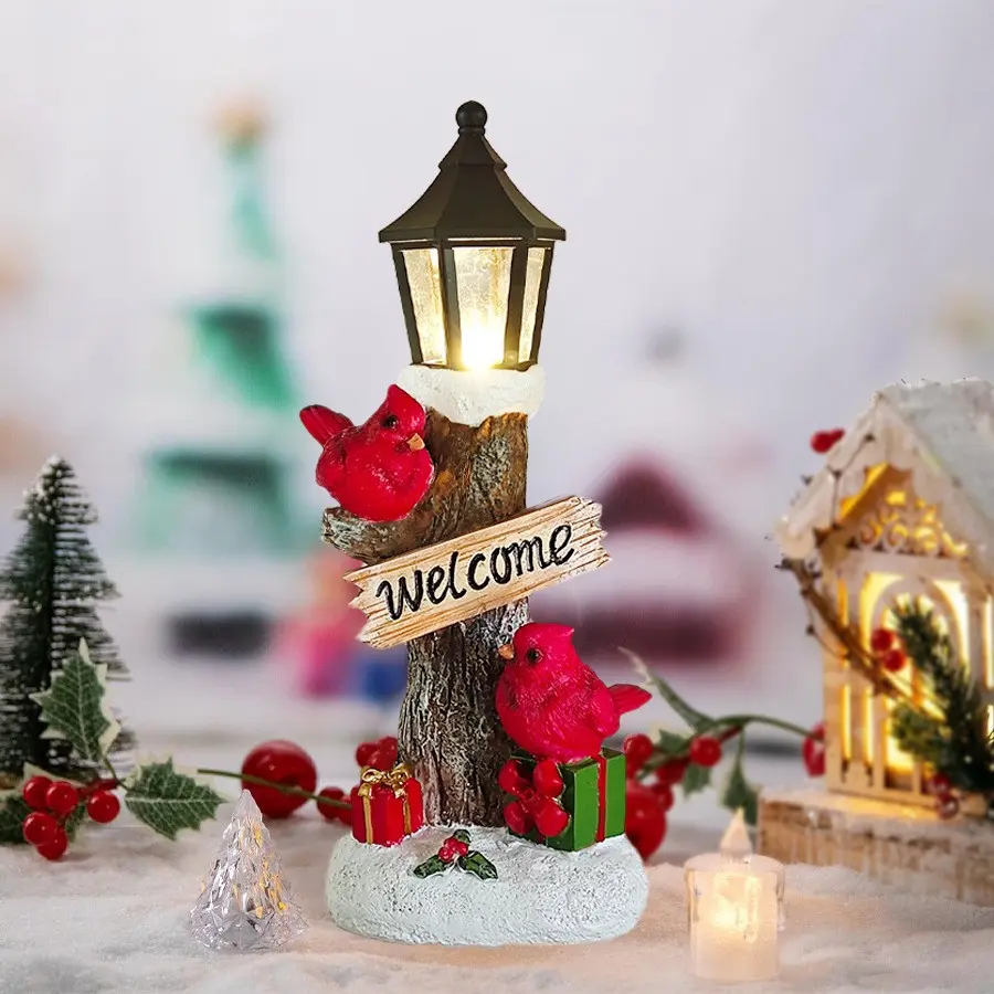 Glowing Resin Christmas Lamp Post Ornament, Bird Snowman Santa LED Light Decor, Living Room Entryway Holiday Atmosphere Gift