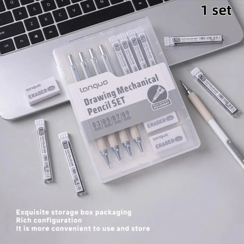 Languo 4-Piece Metal Automatic Pencil Set, Mechanical Pencils, 0.3-0.9mm Line Widths, Replaceable Lead, Art Pencil Case with Storage Box, Ideal for Artists and Students