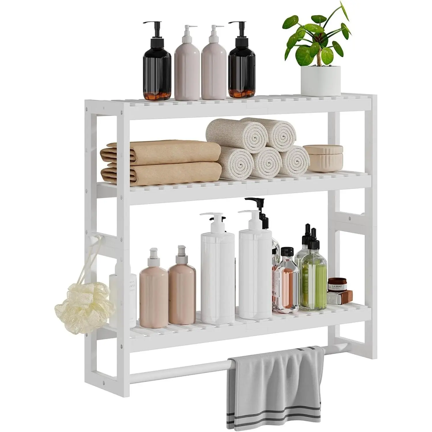 Bathroom Shelf Storage Organizer, 3-Tier Adjustable Layer, White Bamboo Storage Over Toilet Organizer with Bar, Hanging, Freestanding Wall Mounted Utility Shelves