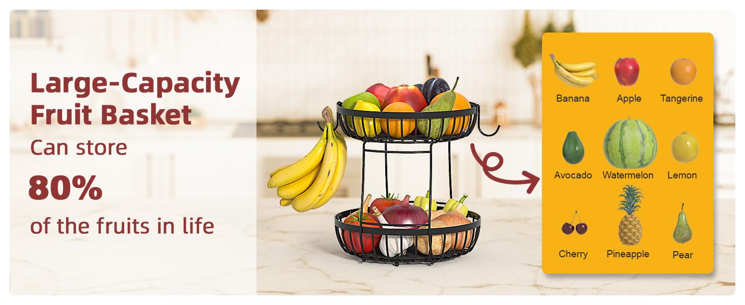 2 Tier Large Fruit Basket for Kitchen Counter with 2 Banana Hangers, Metal Stackable Fruit Bowl for Kitchen Counter for Bread Vegetable Fruits, Black 2 Tier Large Fruit Basket for Kitchen Counter with 2 Banana Hangers, Metal Stackable Fruit Bowl for Kitchen Counter for Bread Vegetable Fruits, Black