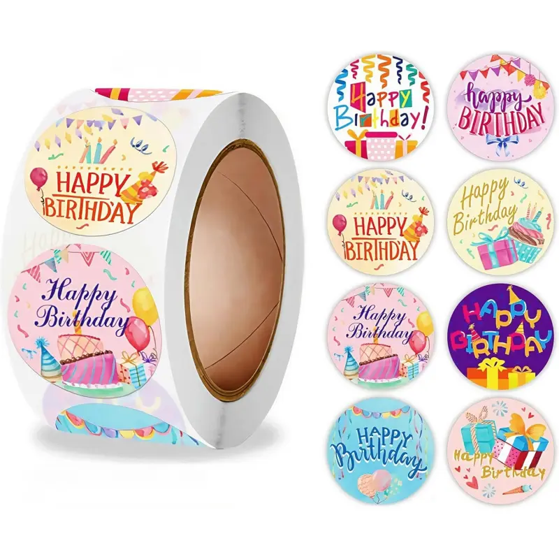 500pcs Happy Birthday Roll Stickers Decorative Stickers Birthday Balloon Roll Decals Stickers Fun Birth Day Cake Greeting Sticker Round Labels Banner Tag Seal Sticker for Card Boxes Party Envelope Decoration DIY Gift
