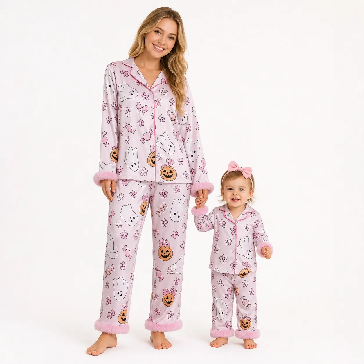 Mommy and Me Halloween Matching Pajamas Set Pink Ghost Pumpkin Bow Print Satin PJs with Fuzzy Cuff Long Sleeve Button Down Sleepwear Mother Daughter Fall Family Loungewear
