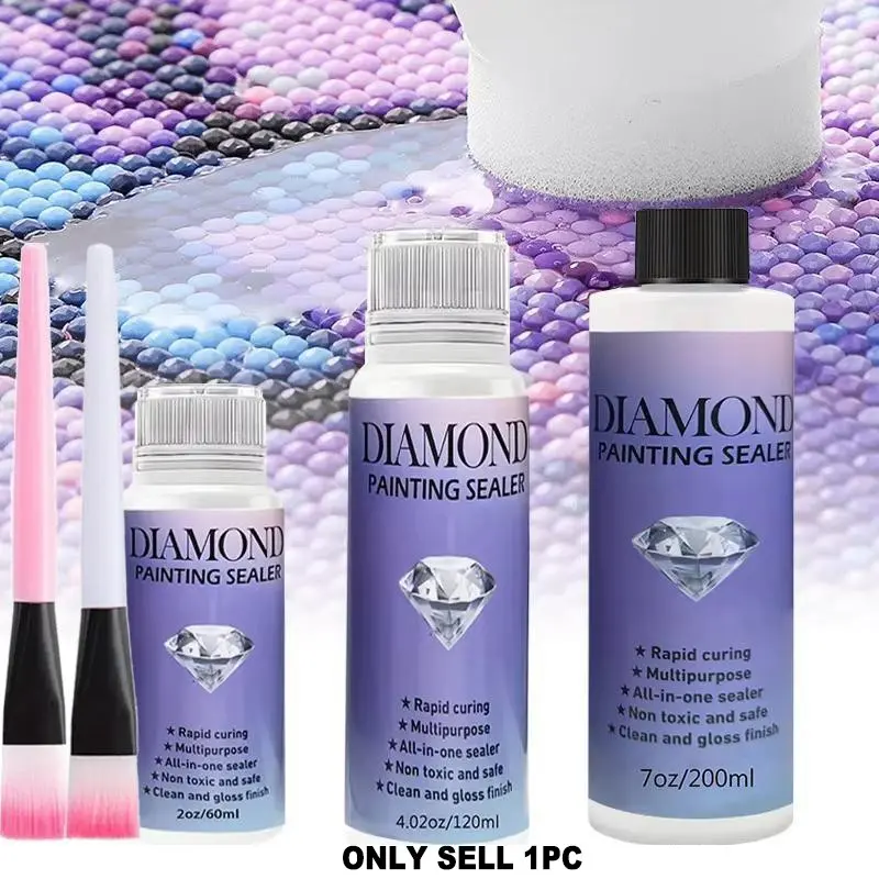 DIY Diamond Painting Sealer Kit, 60ML/120ML/200ML Diamond Art Glue with Two Tools Brushes, Permanent Shine Effect Sealant, DIY Craft Supplies