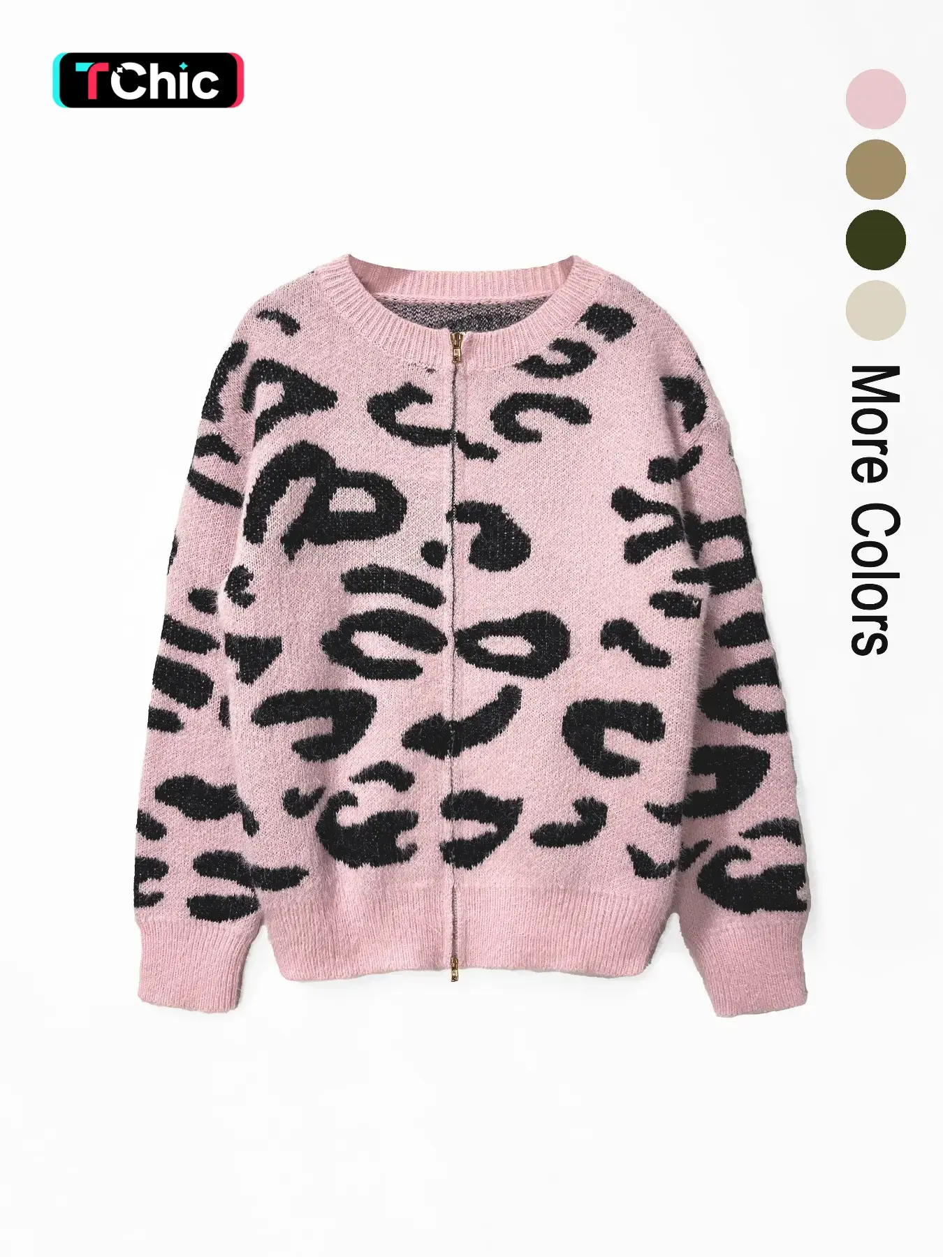Women's Fall Winter Leopard Print Fleece Knit Zipper Cardigan, Casual Fashion Warm Sweater, Long Sleeve Pullover