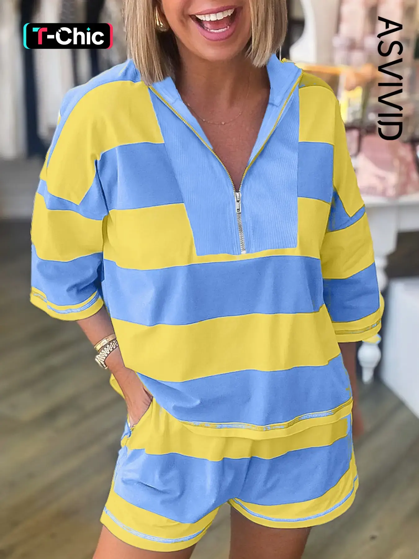 Women's Casual Chic Striped Seam Detail Half Zip Tee and Pocket Shorts Matching Set, High Waist Design, All Seasons Wear, 2-Piece Set