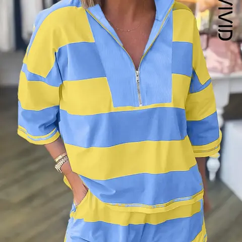 Women's Casual Chic Striped Seam Detail Half Zip Tee and Pocket Shorts Matching Set, High Waist Design, All Seasons Wear, 2-Piece Set